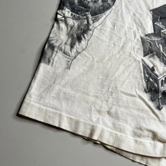 Vintage M.C. Escher Art T Shirt Soft Tee USA Made White Graphic Mens L 1991 90s - Picture 4 of 12